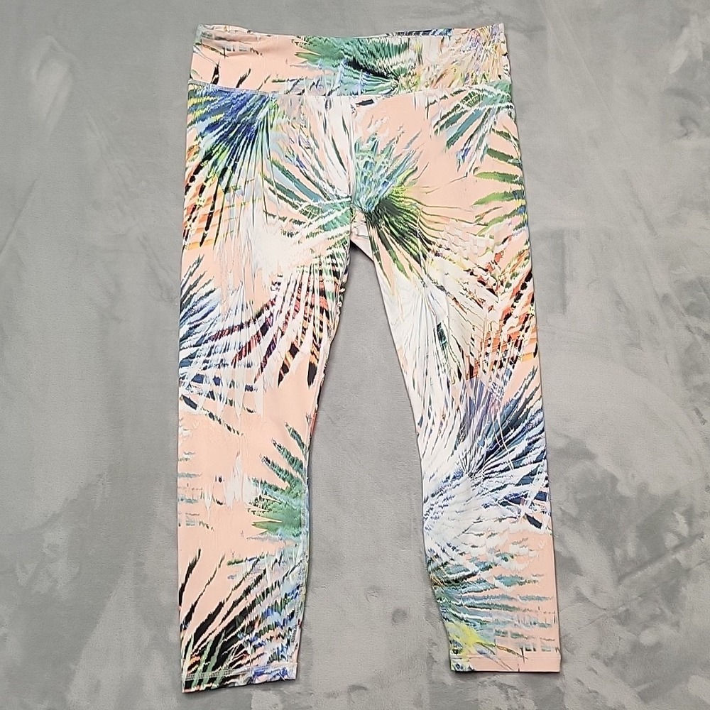 Guru G Active Leggings Womens L Pink Tropical Palm Print Yoga Pants Activewear